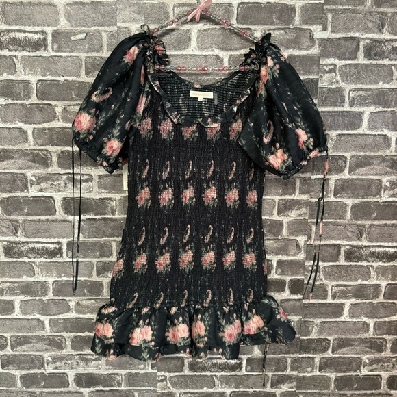LOVESHACKFANCY puff sleeve smocked floral mini dress black pink floral - Picture 2 of 13